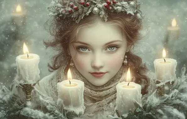 Look, girl, portrait, candles, Christmas, New year, Maiden, vintage