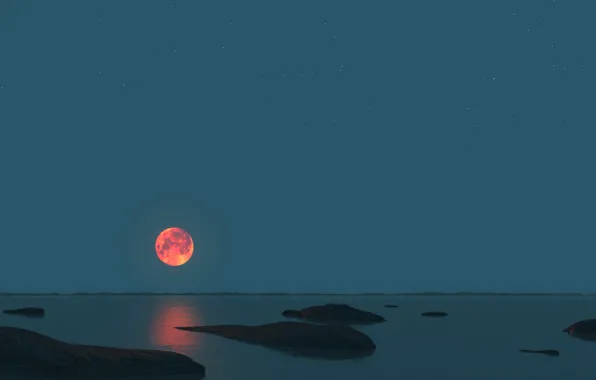 Sea, the sky, night, stones, the moon, horizon, panorama