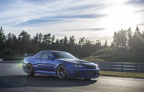 Nissan, Car, Blue, Front, Sun, Day, Skyline, R34