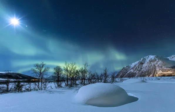 Winter, stars, snow, mountains, night, the moon, Northern lights, Norway
