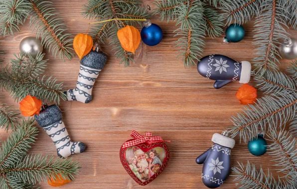 Balls, branches, children, heart, Board, Christmas, New year, socks