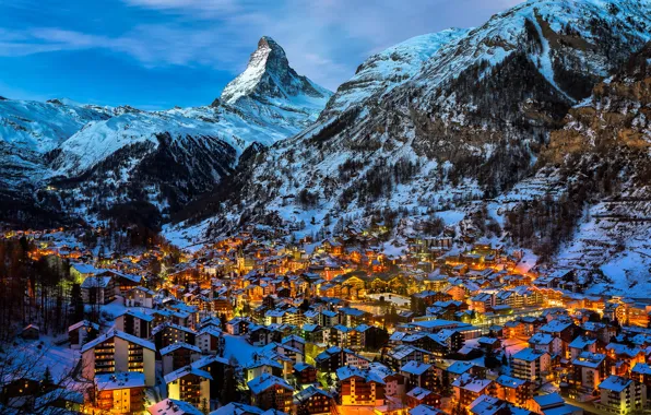 Picture winter, snow, mountains, lights, the evening, Switzerland, village, Alps
