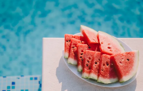Picture summer, water, light, relax, pool, watermelon, plate, blue background