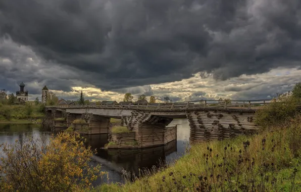 Picture autumn, bridge, river, village, Arkhangelsk oblast, Plesetsky district, Smilovsky