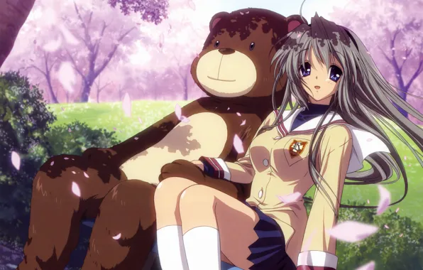 The wind, spring, Sakura, bear, emblem, clannad, school uniform, tomoyo sakagami
