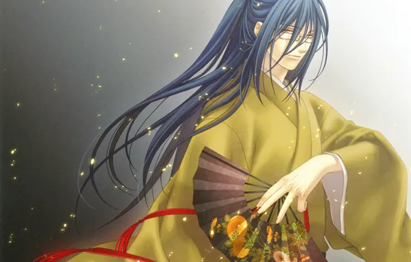 The demon, fan, glasses, kimono, long hair, hiiro no kakera, youkai, crimson shards