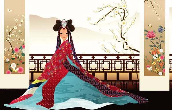 Girl, flowers, art, Asian, hanbok