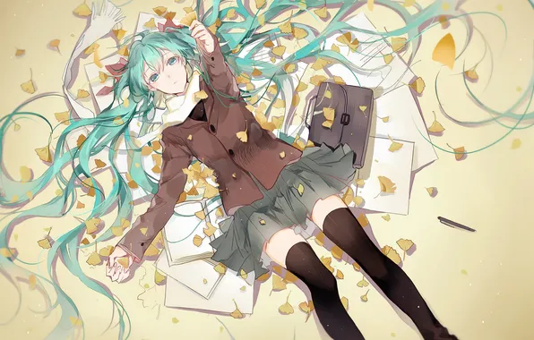 Picture leaves, girl, anime, art, vocaloid, hatsune miku, portfolio, notebook