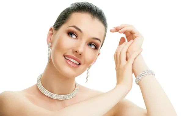 Picture look, girl, smile, earrings, necklace, makeup