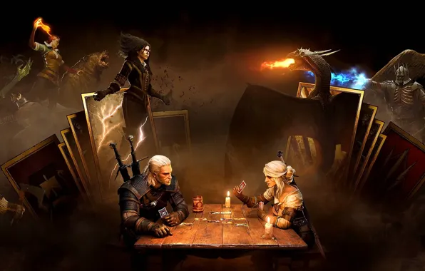 Card, background, girls, magic, dragon, sword, armor, the witcher