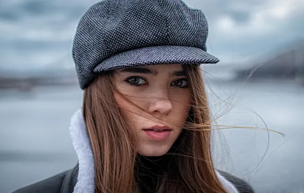 Girl, face, the wind, hair, portrait, makeup, cap, bokeh