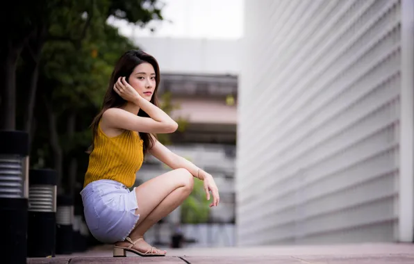 Look, trees, Asian, gesture, trees, look, asian, white shorts