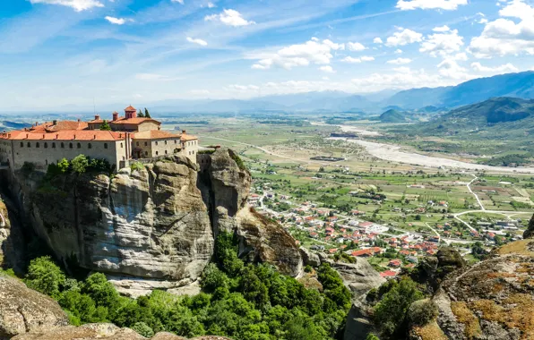 Rocks, Greece, Landscape, Valley, Meteors, The monastery
