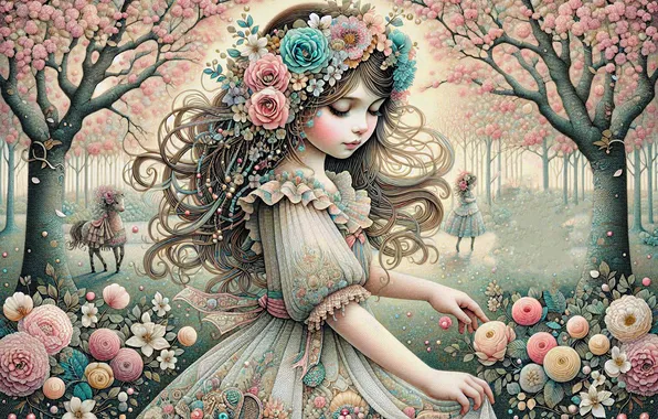 Trees, flowers, glade, spring, garden, dress, girl, Princess