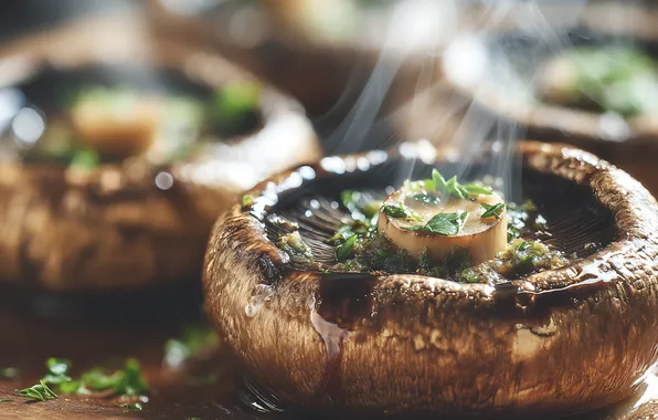 Greens, macro, mushrooms, couples, mushrooms, fried, cooking, AI art