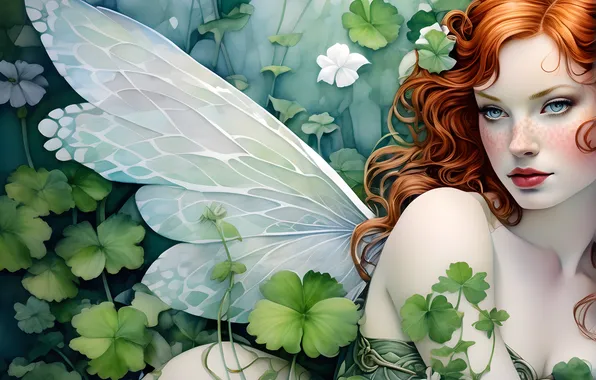 Girl, wings, fairy, elf, redhead, imitation painting, AI art, neural network
