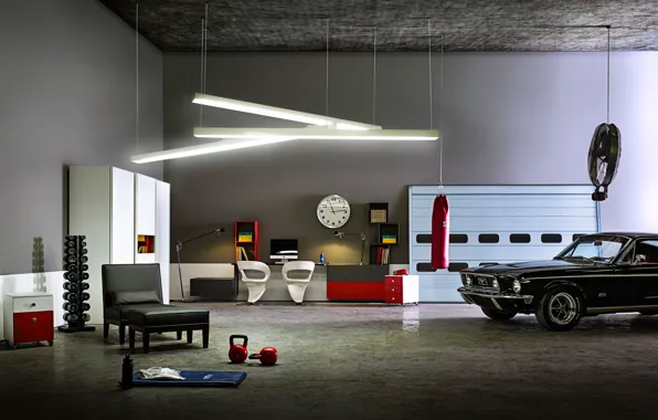 Machine, design, sport, interior, garage, Ford Mustang
