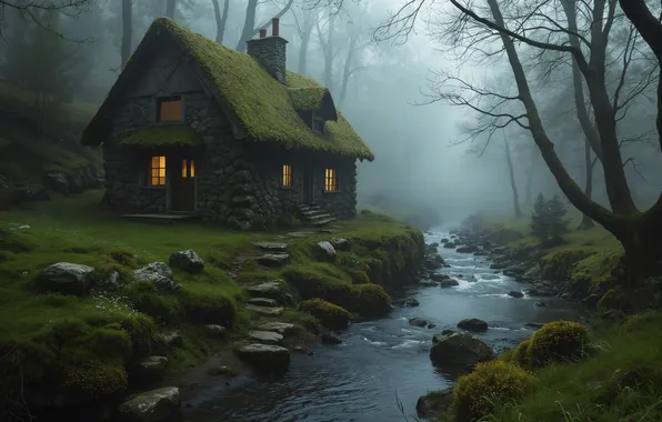 Forest, river, house, hut, forest, hut