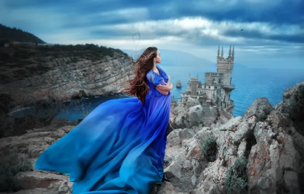 Picture sea, girl, pose, rock, castle, mood, dress, Crimea