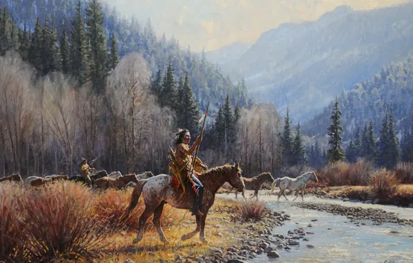 Picture Mountains, Trees, Picture, The Indians, Horse, River, Martin Grelle, American artist