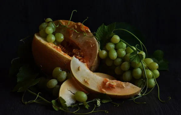 The dark background, food, grapes, fruit, still life, slices, composition, melon