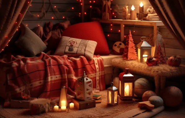 Comfort, heat, room, furniture, interior, pillow, candles, Christmas