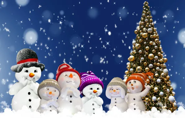 Picture Smile, Christmas, New year, Tree, Snowmen