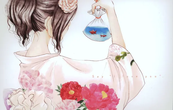 Fish, package, yukata, flower in hair, Tachibana Mei, floral pattern, Say i love you, Say …