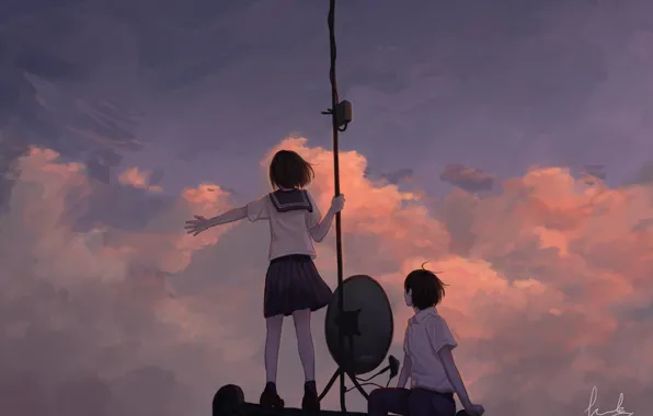 Roof, the sky, sunset, students