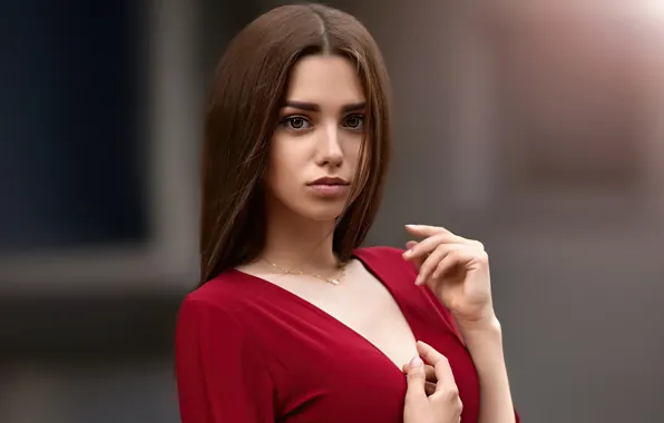 Look, model, neckline, red dress, brown eyes, blurred background, brown eyes, look