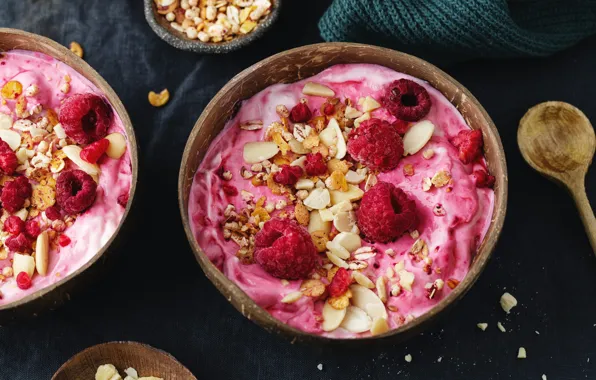 Berries, raspberry, the dark background, Breakfast, spoon, bowl, nuts, dessert