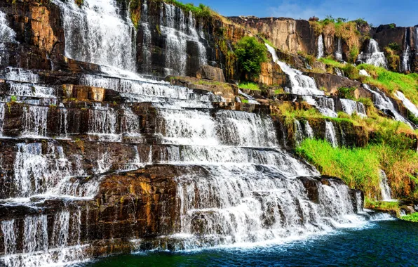 The sun, stones, rocks, waterfall, Vietnam, Pongour waterfall