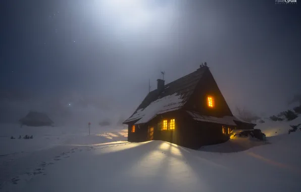 Picture winter, light, snow, night, fog, home