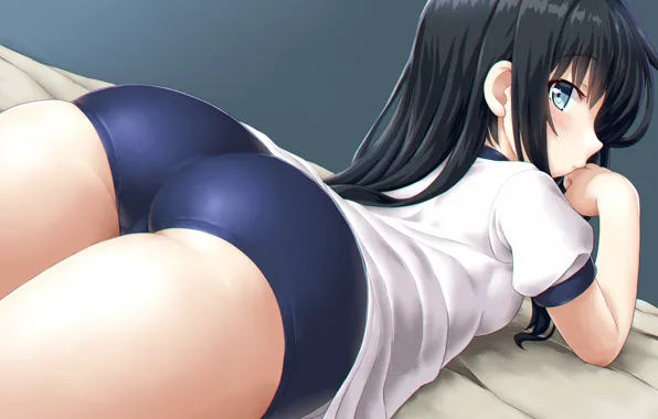 Girl, sexy, ass, shorts, long hair, anime, blue eyes, beautiful