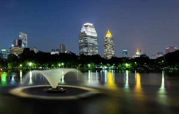 The city, night lights, fountain, Lumpini Park