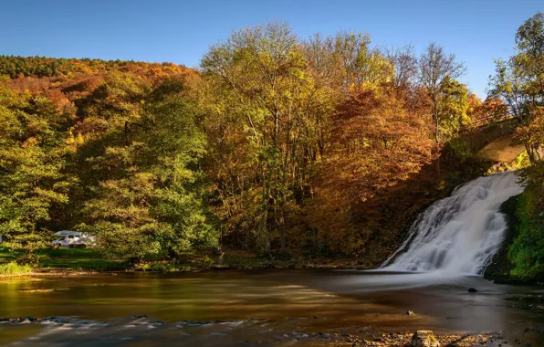 Autumn, trees, waterfall, Belgium