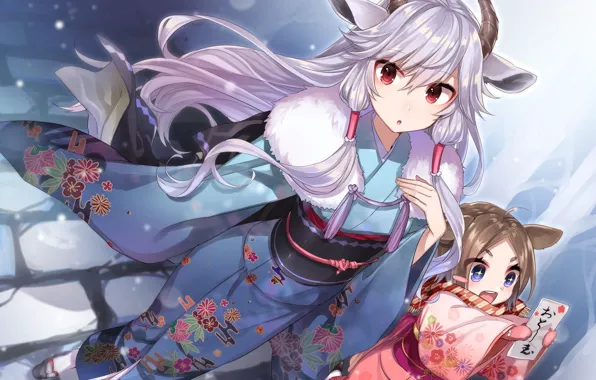 Joy, kimono, baby, ears, long hair, horns, youkai, white fur