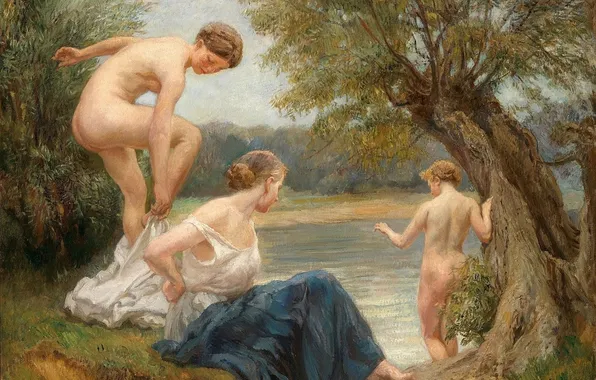 Girls, Tree, River, Picture, Three, Naked, Edward Fait, Eduard Veith