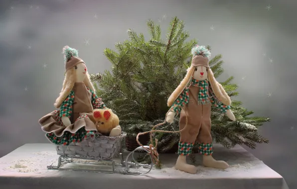 Wallpaper snow, tree, new year, still life, sled, November, Bunny Tilda, toy tilde