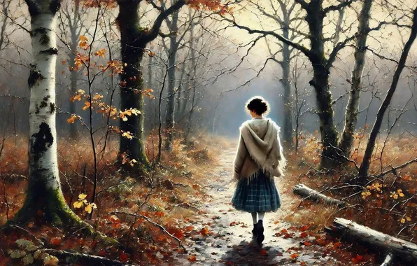 Autumn, forest, girl, birch, walk, imitation painting, AI art, neural network