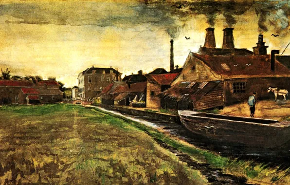 River, boat, smoke, home, Vincent van Gogh, The Hague, Iron Mill in