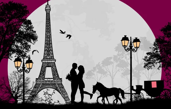 Trees, love, birds, romance, horse, Eiffel tower, love, cart