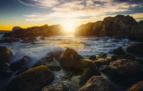 Picture sea, wave, the sky, the sun, clouds, rays, light, landscape