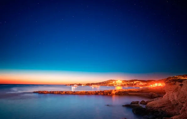 Sea, the sky, stars, sunset, lights, stones, coast, home