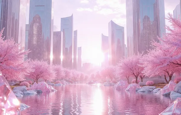 The sky, the sun, clouds, trees, flowers, the city, fog, dawn