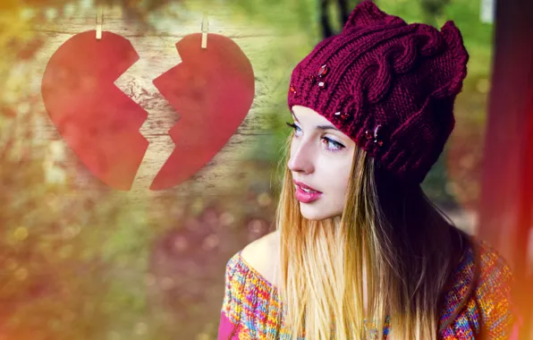 Picture look, girl, hat, hair, heart, makeup, halves, heart
