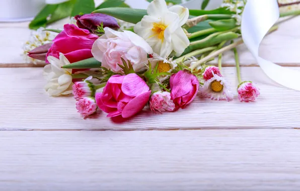 Flowers, bouquet, spring, colorful, buds, wood, pink, flowers