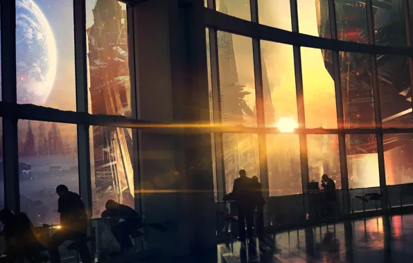 Sunset, the city, future, people, view, Windows, planet, art