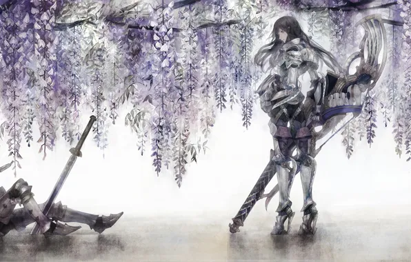 Picture girl, weapons, tree, sword, armor, anime, warrior, art