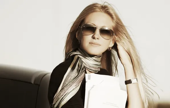 Girl, watch, scarf, glasses, blonde, leaves, paper